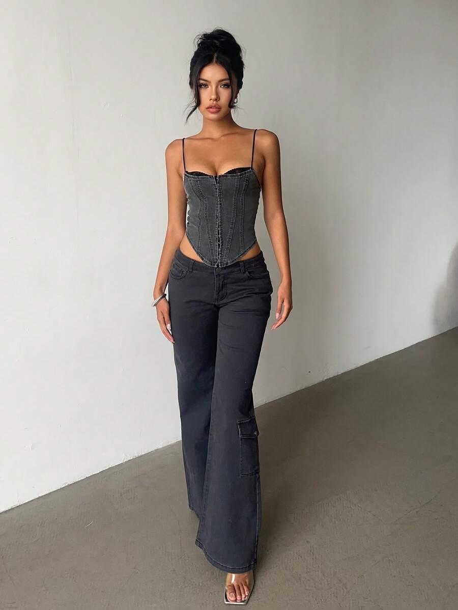 SHEIN SZARY TOP NA RAMIĄCZAKCH JEANS KORONKA S06__S