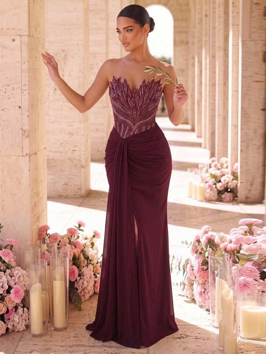 GLAMRAE BORDOWA MAXI SUKIENKA ODKRYTE RAMIONA S06__M
