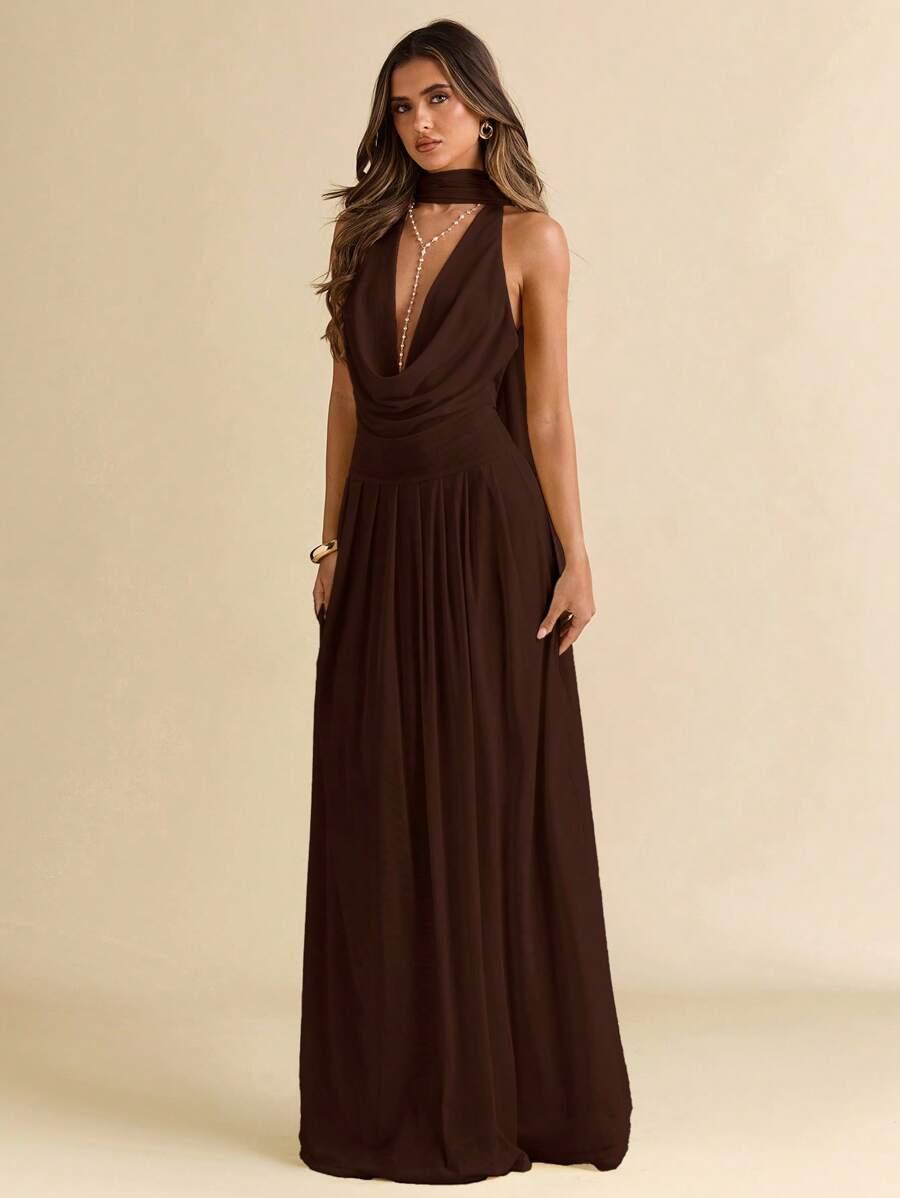 SHEIN BRĄZOWA MAXI SUKIENKA S06__S
