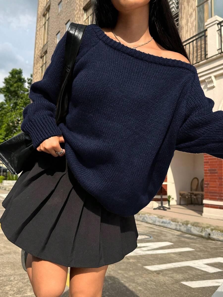SHEIN GRANATOWY SWETER ASYMETRYCZNY DEKOLT S06__S