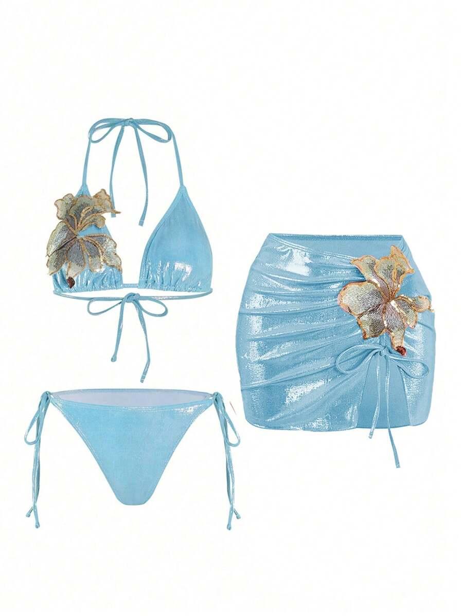 SHEIN NIEBIESKI TRZYCZĘŚCIOWY KOMPLET BIKINI KWIAT 3D S09__M