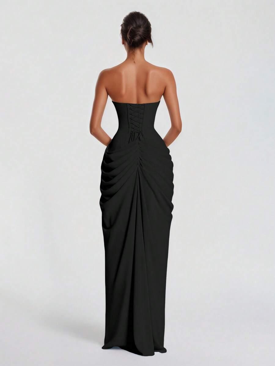 SHEIN CZARNA MAXI SUKIENKA ODKRYTE RAMIONA S06__S