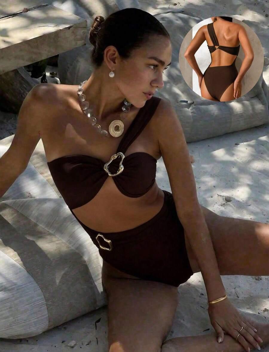 SHEIN BRĄZOWY JEDNOCZĘŚCIOWY STRÓJ KĄPIELOWY S09__XS