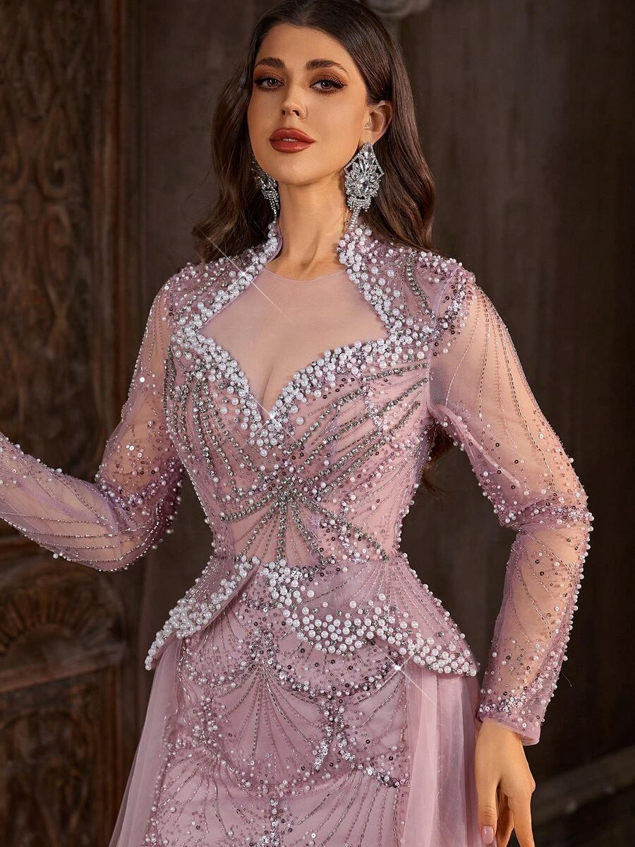 SHEIN MAXI SUKIENKA DŁUGI RĘKAW ZDOBIENIA S06__XL