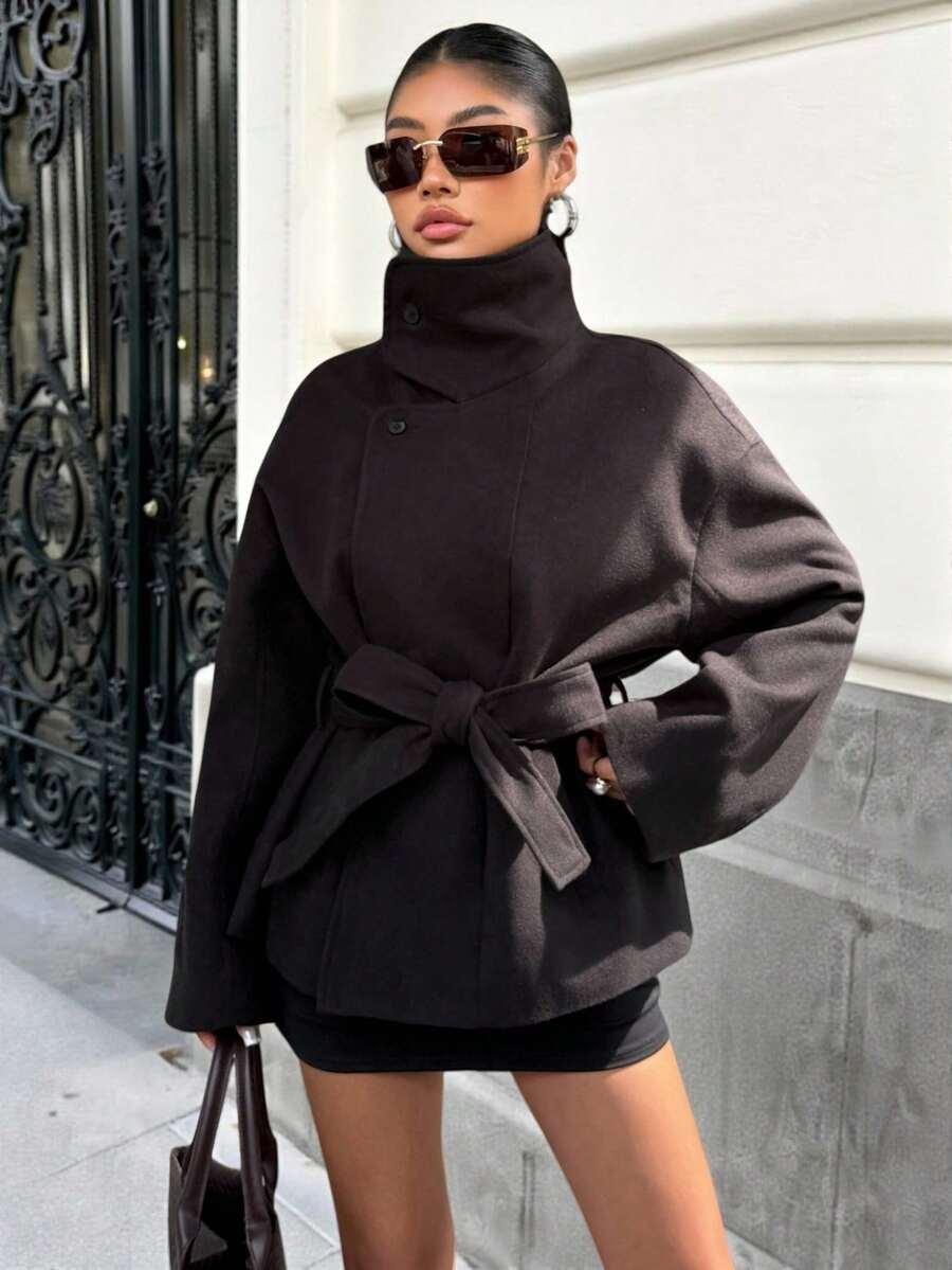 SHEIN CZARNY KRÓTKI PŁASZCZ WIĄZANIE W01__M