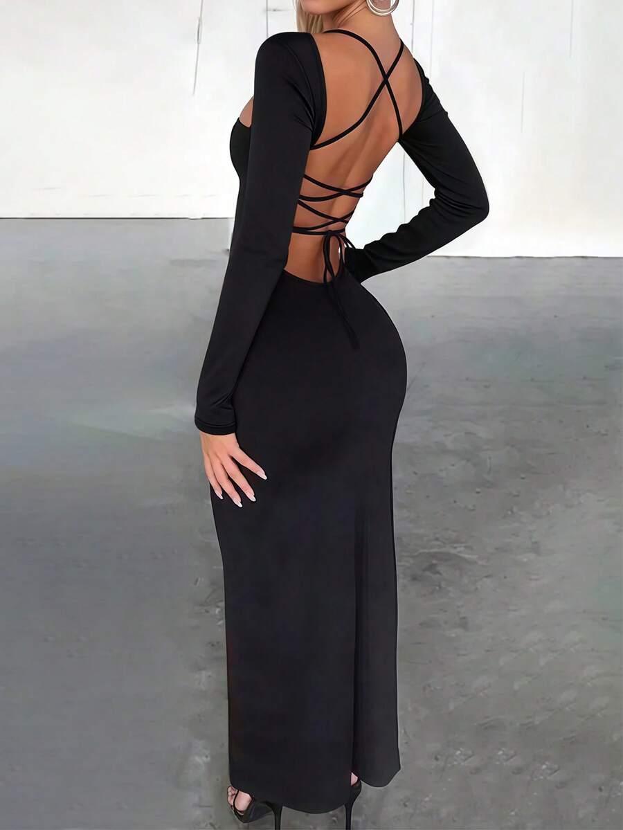 SHEIN CZARNA MAXI SUKIENKA DŁUGI RĘKAW WIĄZANIE S06__S