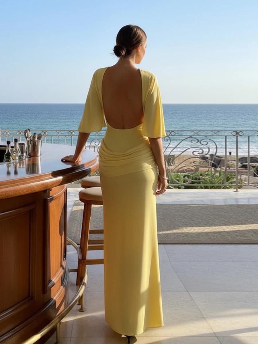 SHEIN ŻÓŁTA MAXI SUKIENKA ODKRYTE PLECY