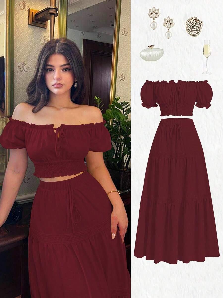SHEIN BORDOWY KOMPLET TOP SPÓDNICA S06__S