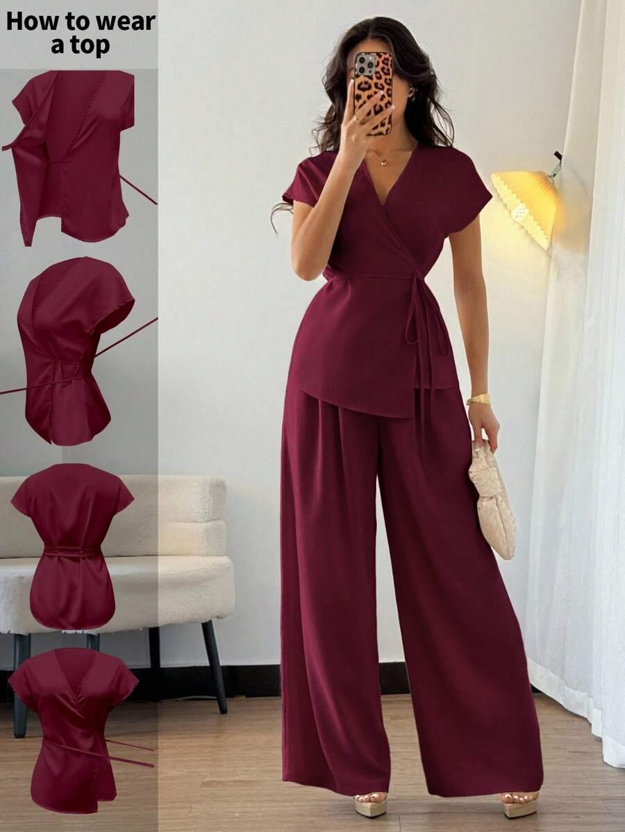 SHEIN CZERWONY KOMPLET BLUZKA SPODNIE S06__L