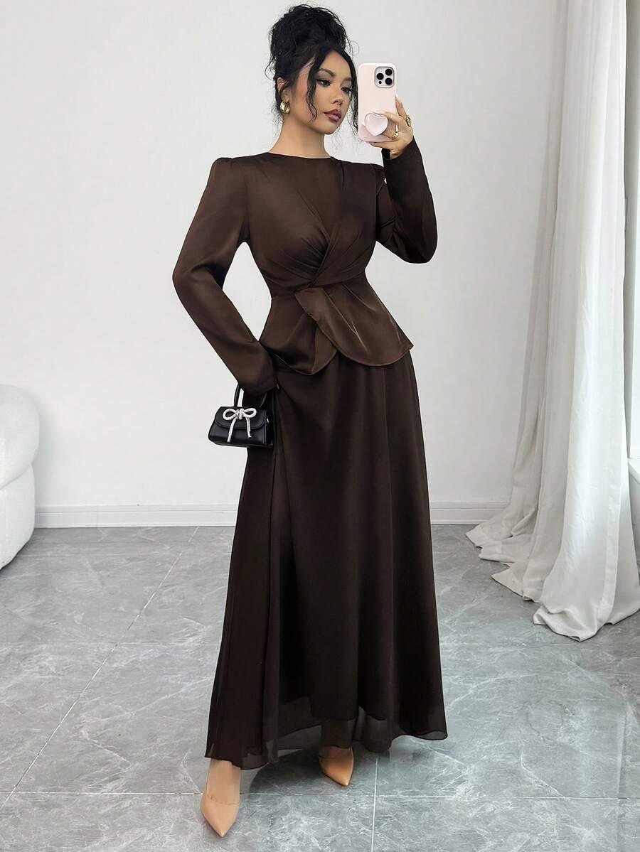 SHEIN BRĄZOWA MAXI SUKIENKA S06__L