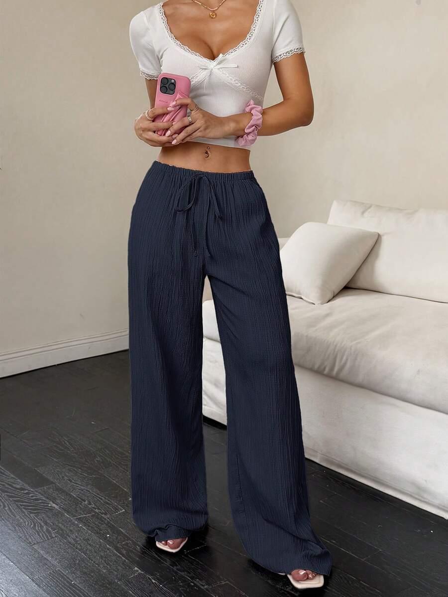 SHEIN GRANATOWE LUŹNE CASUALOWE SPODNIE WIĄZANIE TEKSTURA PK01__S