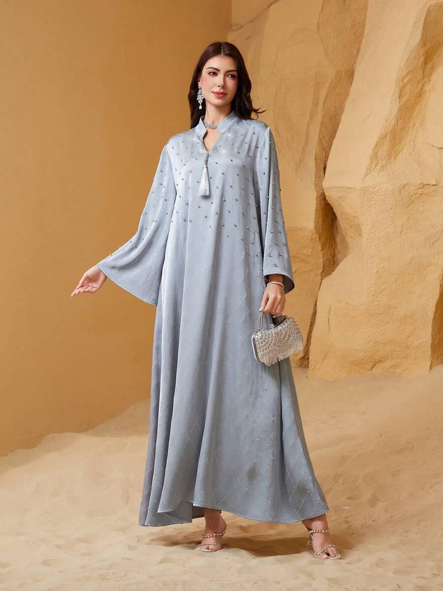 SHEIN SZARA MAXI SUKIENKA DŁUGI RĘKAW ZDOBIENIA S06__XL