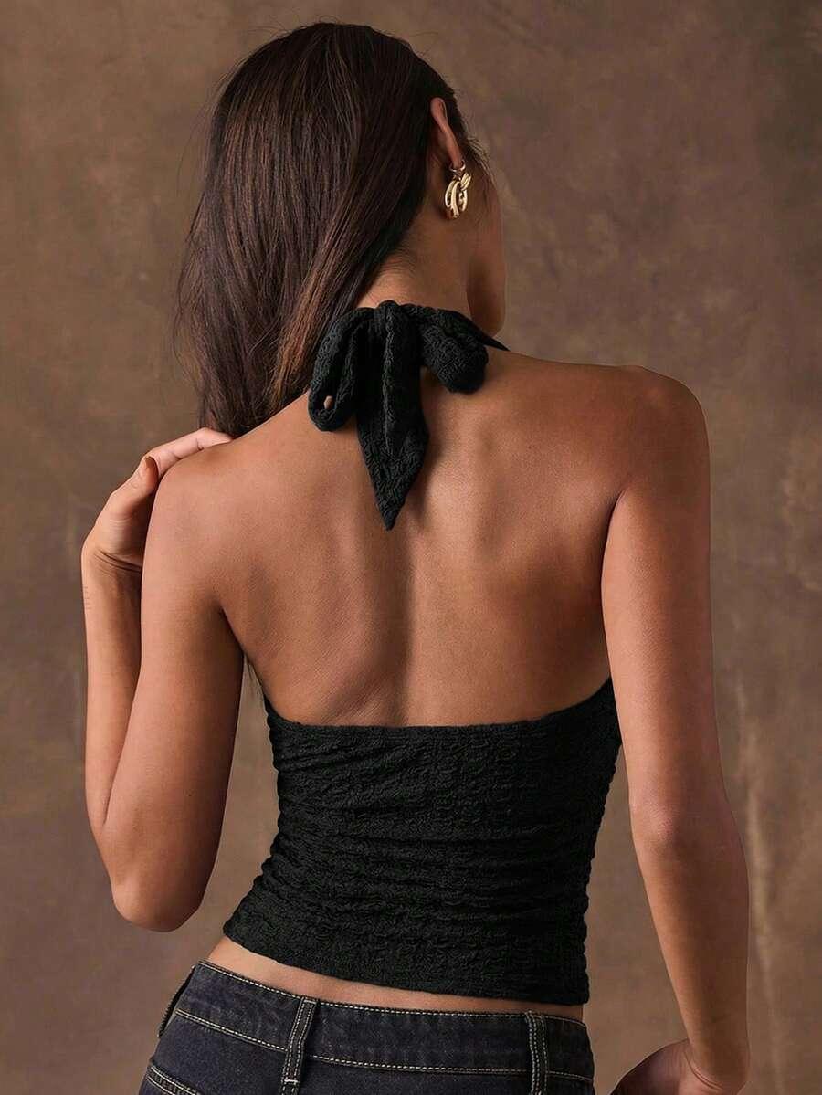 SHEIN CZARNY TOP GŁĘBOKI DEKOLT WIĄZANIE S06__M