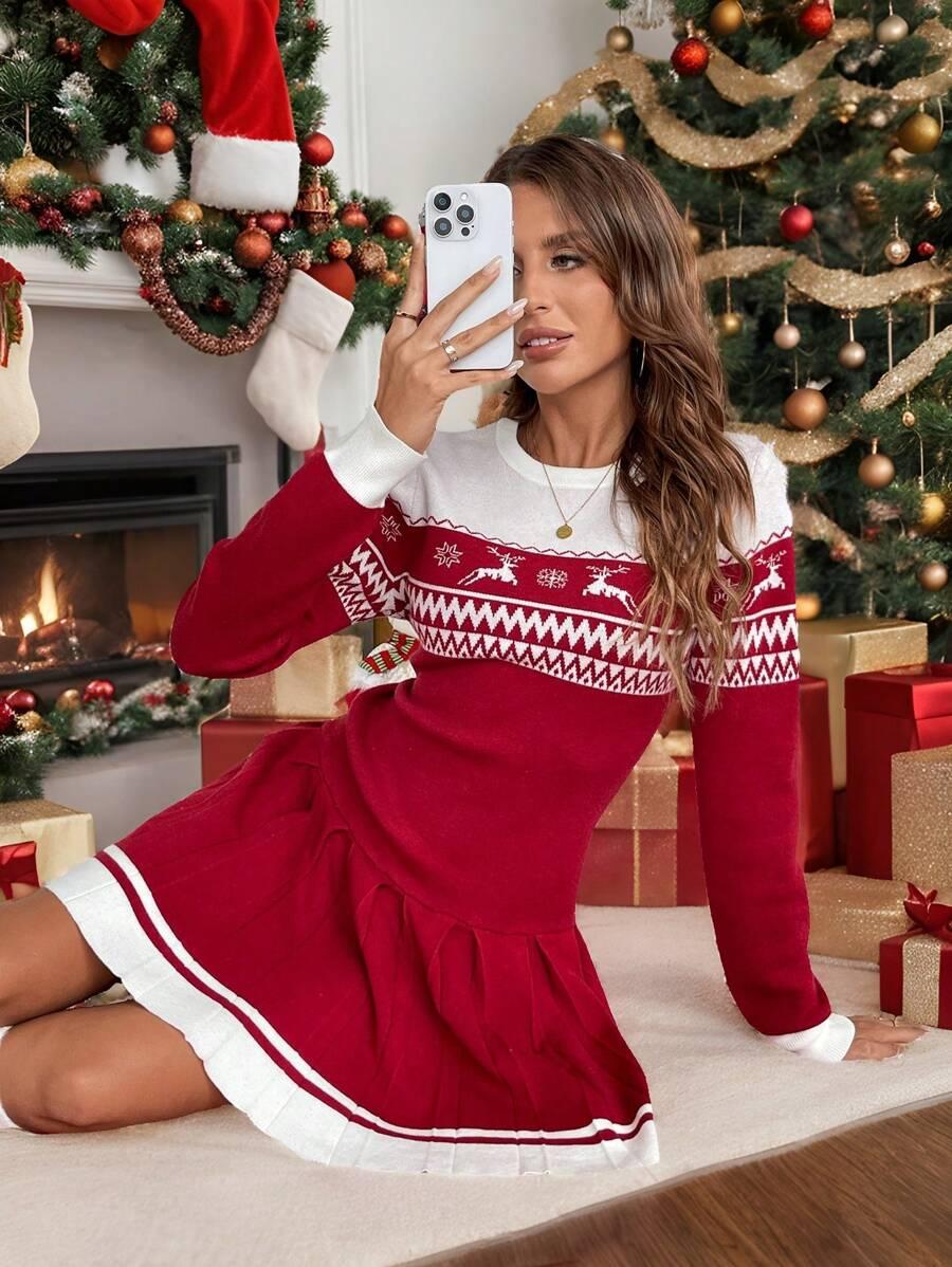 SHEIN CZERWONA DZIANINOWA SUKIENKA MOTYW ŚWIĄTECZNY BDD__M