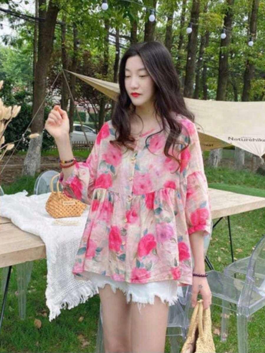 YUXIN BLUZKA WZÓR KWIATY GUZIKI PK01__XL