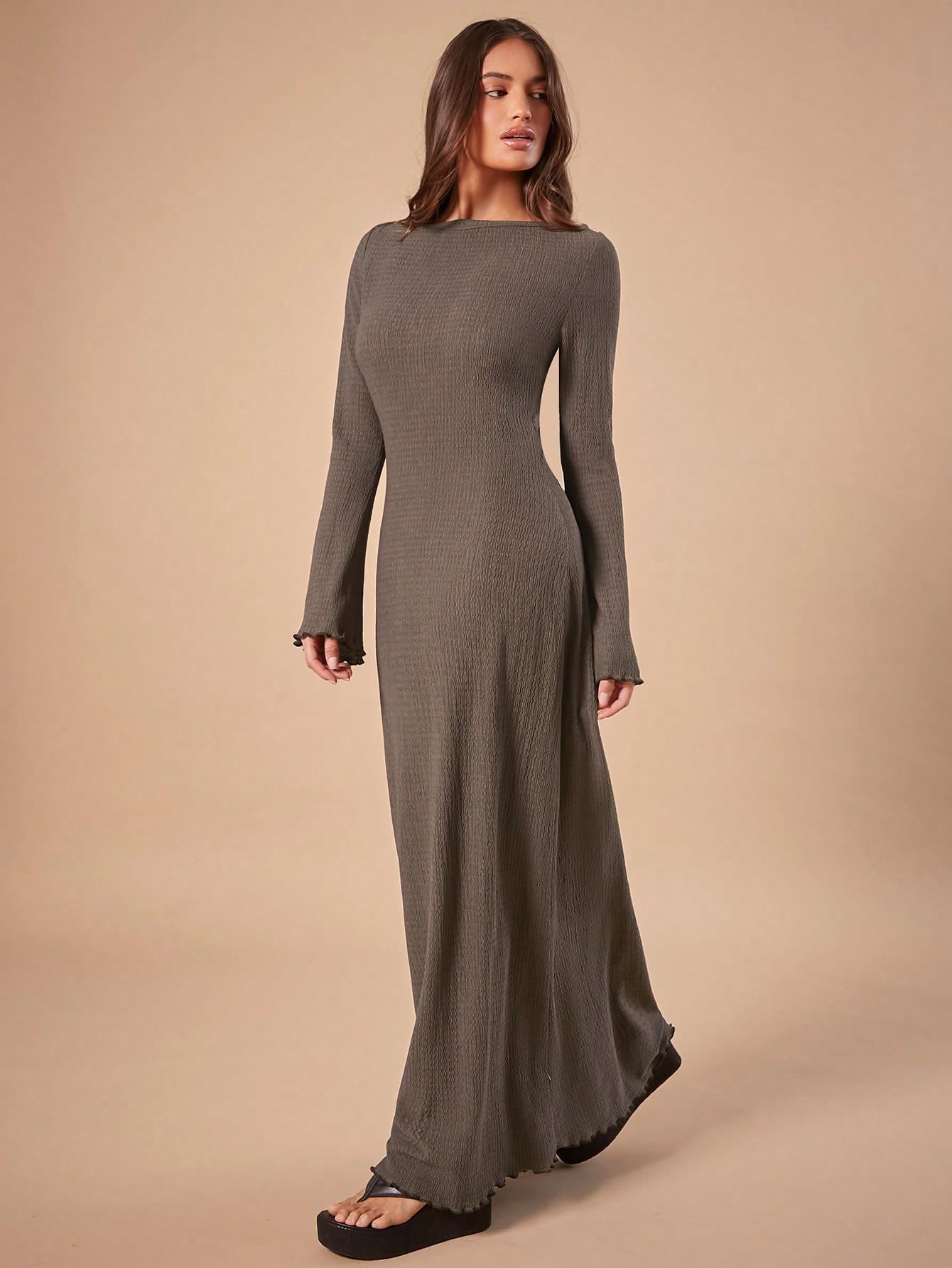 SHEIN BRĄZOWA MAXI SUKIENKA Z DŁUGIM RĘKAWEM S06__M