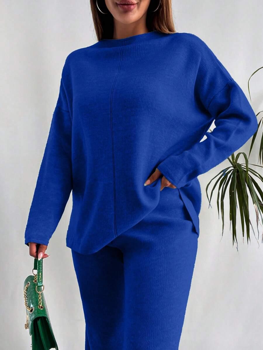 SHEIN NIEBIESKI DZIANINOWY KOMPLET SWETER PROSTE SPODNIE S09__OS