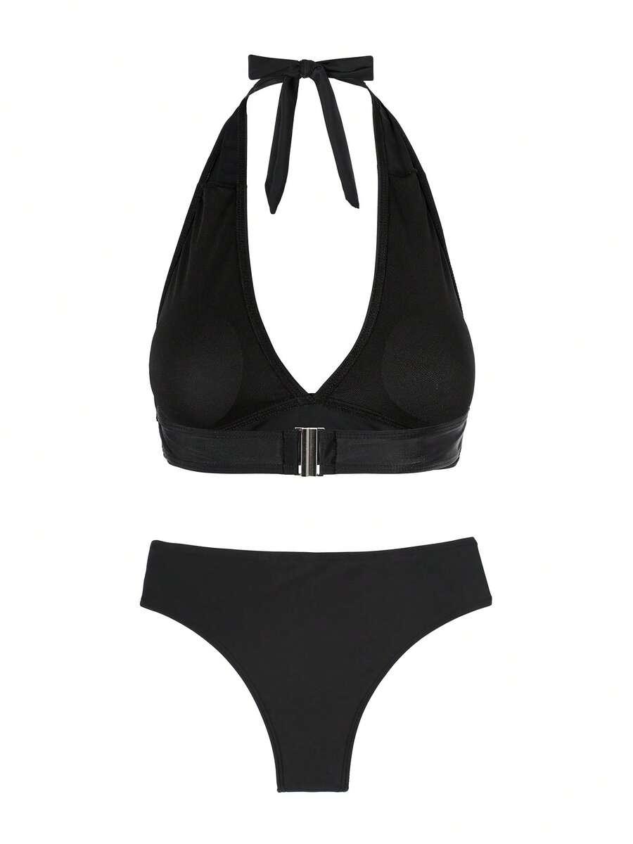 SHEIN CZARNY DWUCZĘŚCIOWY STRÓJ KĄPIELOWY ZDOBIENIE S09__L