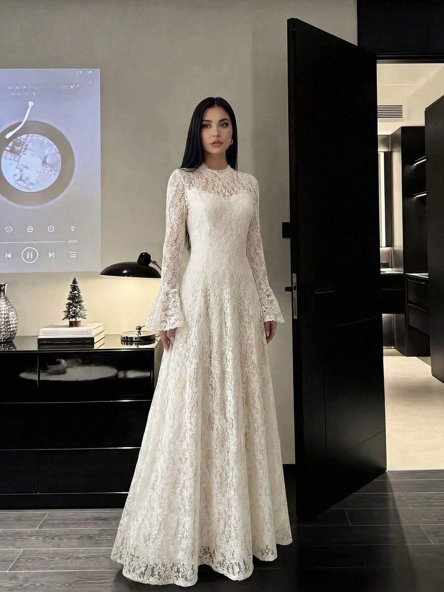SHEIN KREMOWA MAXI SUKIENKA KORONKA S06__L
