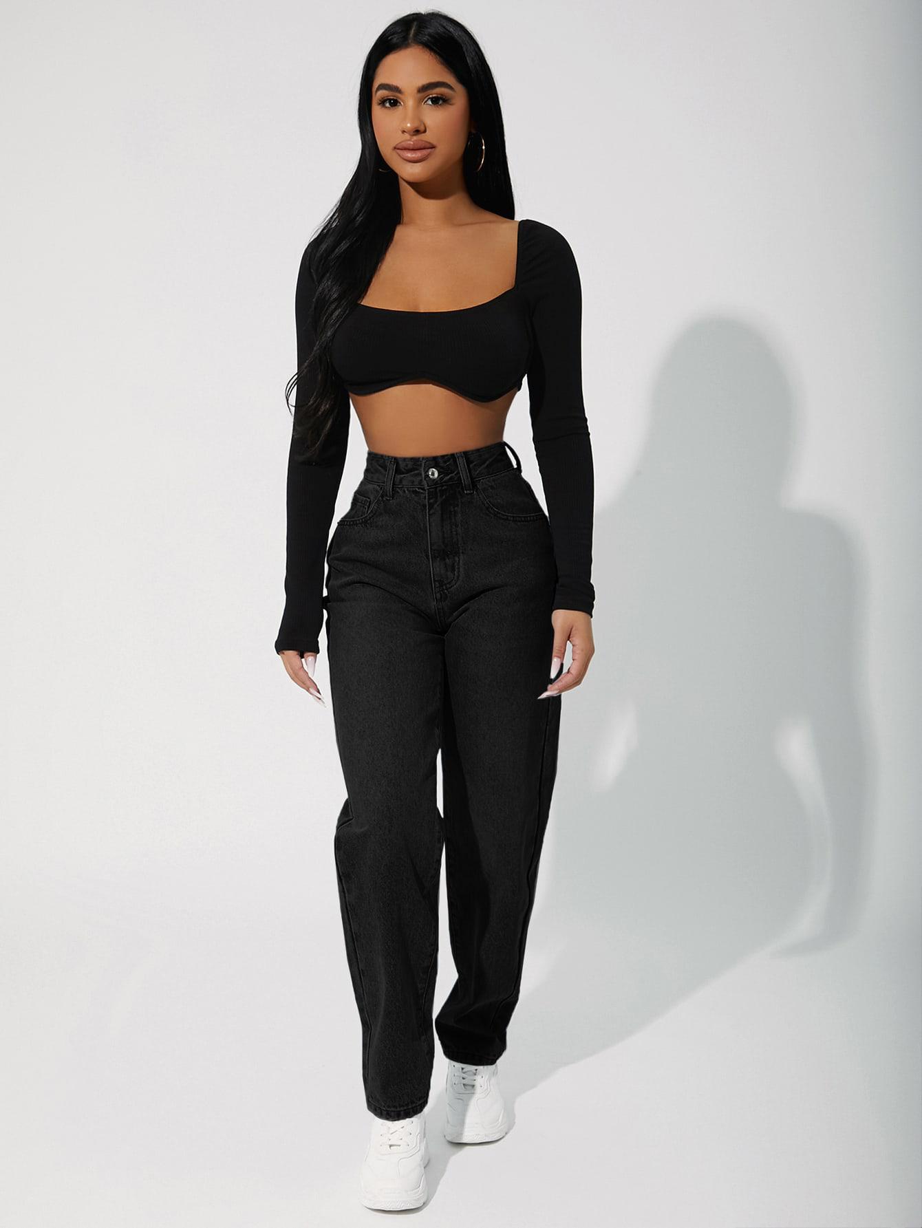 SHEIN CZARNE SPODNIE JEANS WYSOKI STAN PK01__L