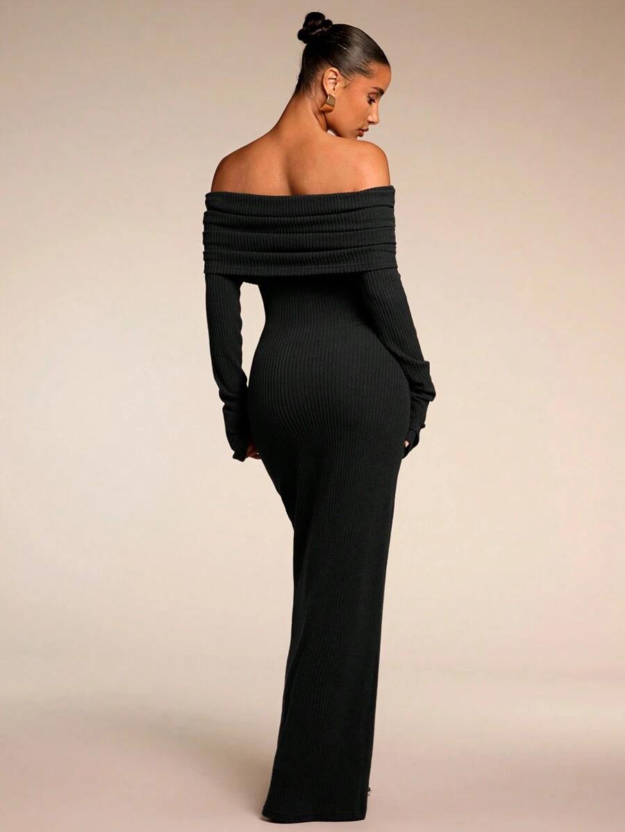 SHEIN CZARNA MAXI SUKIENKA ODKRYTE RAMIONA S06__S