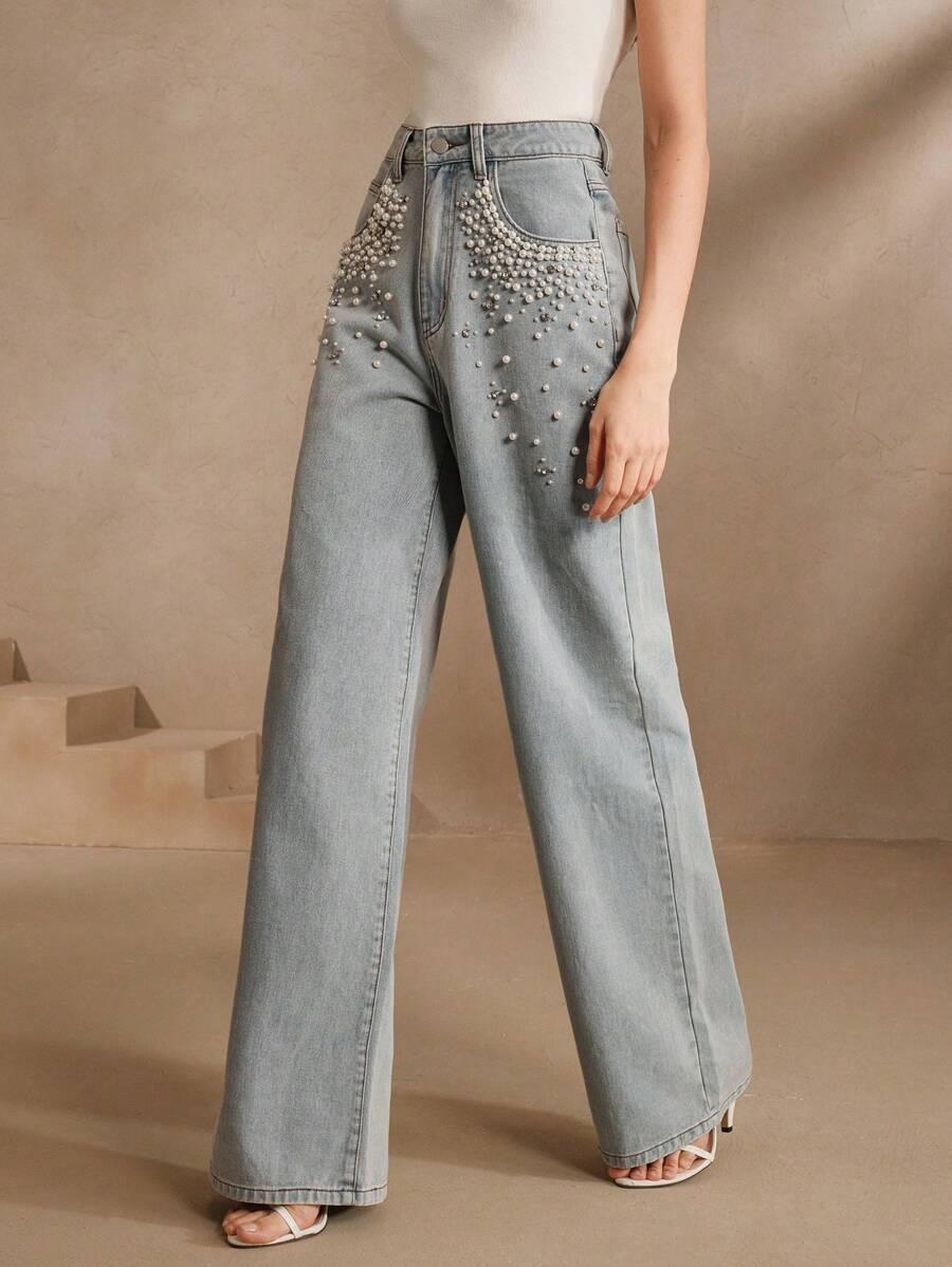SHEIN SPODNIE JEANS ZDOBIENIA S06__XS
