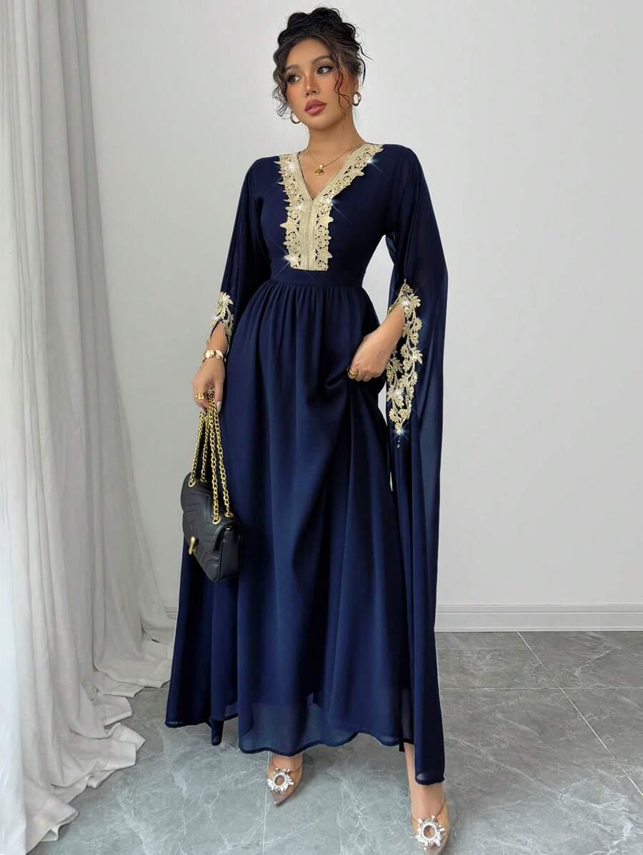 SHEIN GRANATOWA MAXI SUKIENKA ZDOBIENIA S06__L