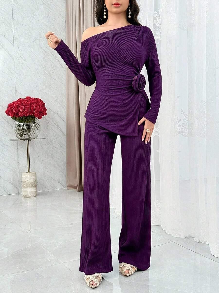 SHEIN FIOLETOWY KOMPLET BLUZKA SPODNIE S06__L