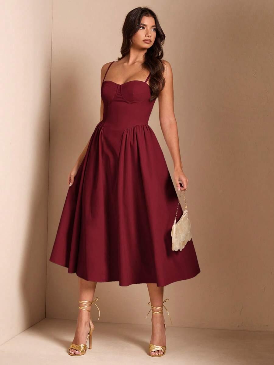 SHEIN BORDOWA ROZKLOSZOWANA MIDI SUKIENKA NA RAMIĄCZKACH PK01__XXL