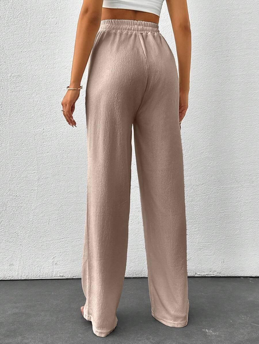 SHEIN BEŻOWE SPODNIE CASUAL SZEROKA NOGAWKA WIĄZANIE