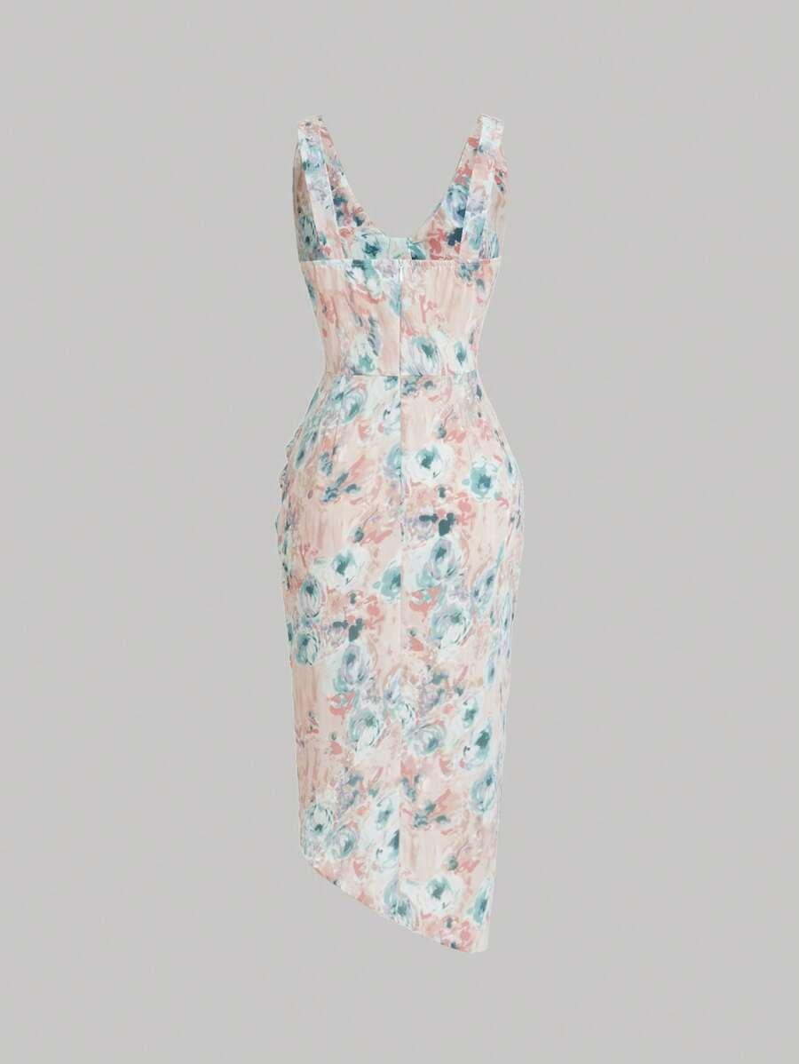 SHEIN MIDI SUKIENKA KWIATY MARSZCZENIA S06__S