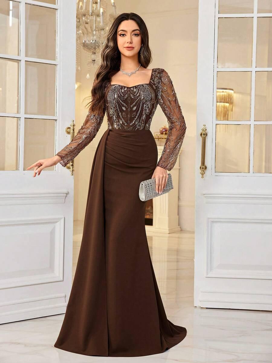 SHEIN BRĄZOWA MAXI SUKIENKA ZDOBIENIA S06__XXL