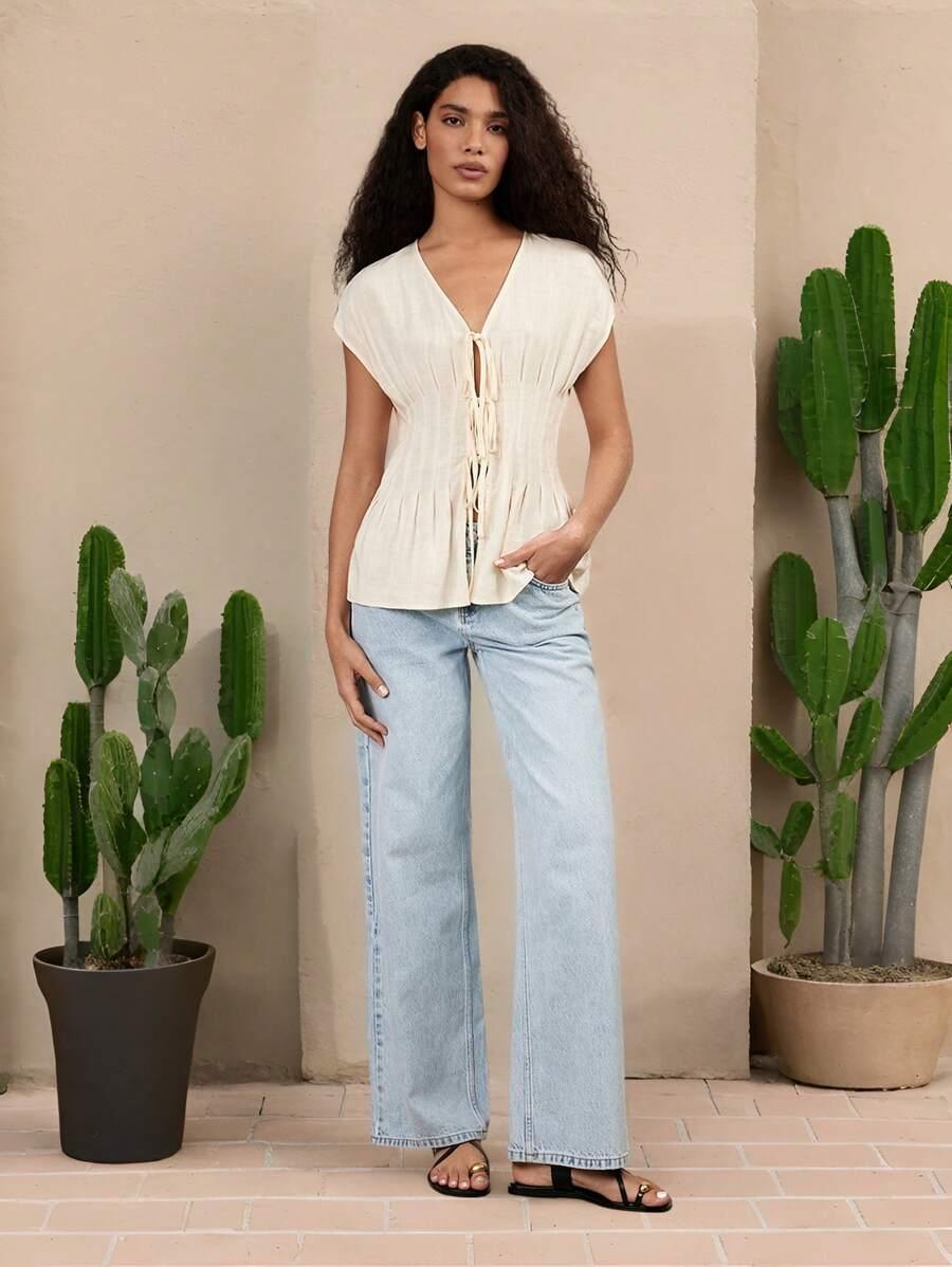 SHEIN BEŻOWA BLUZKA WIĄZANIE S06__L