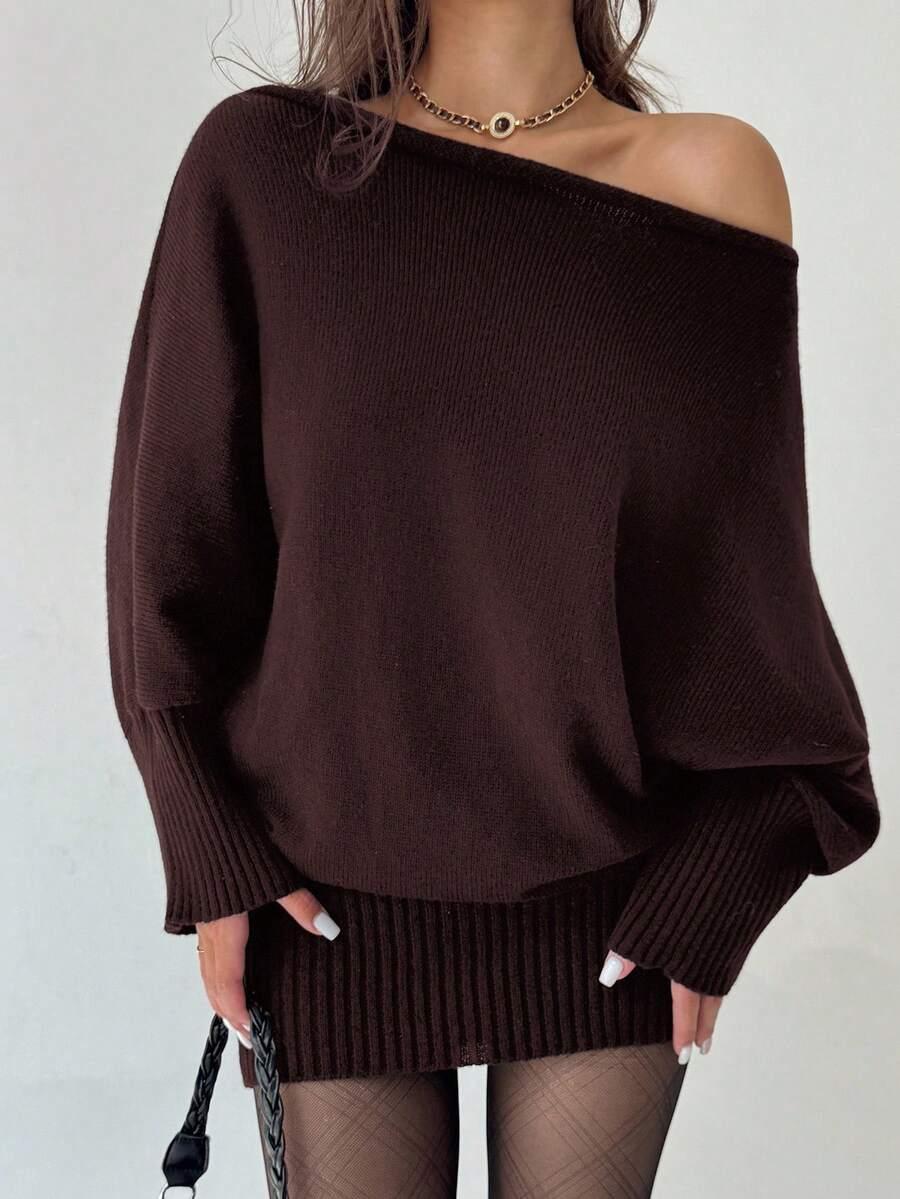 SHEIN BORDOWY SWETER ASYMETRYCZNY DEKOLT S06__L