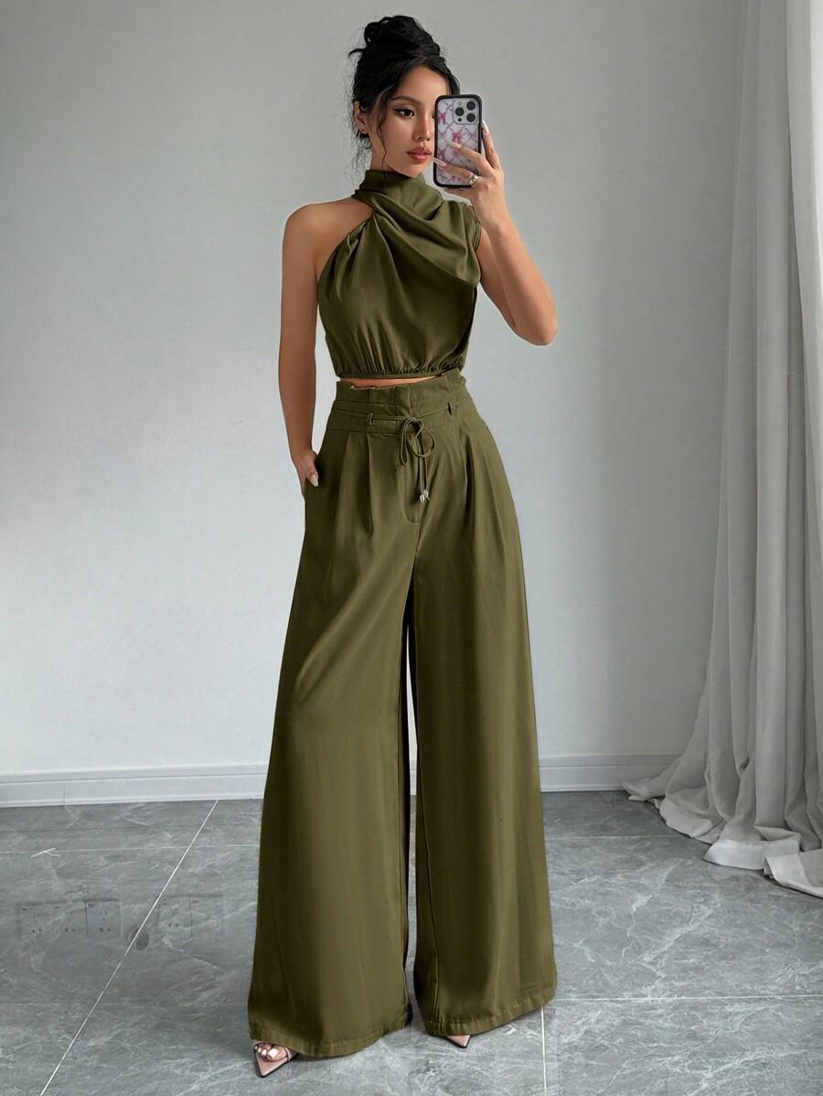 SHEIN ZIELONY KOMPLET SPODNIE TOP S06__L