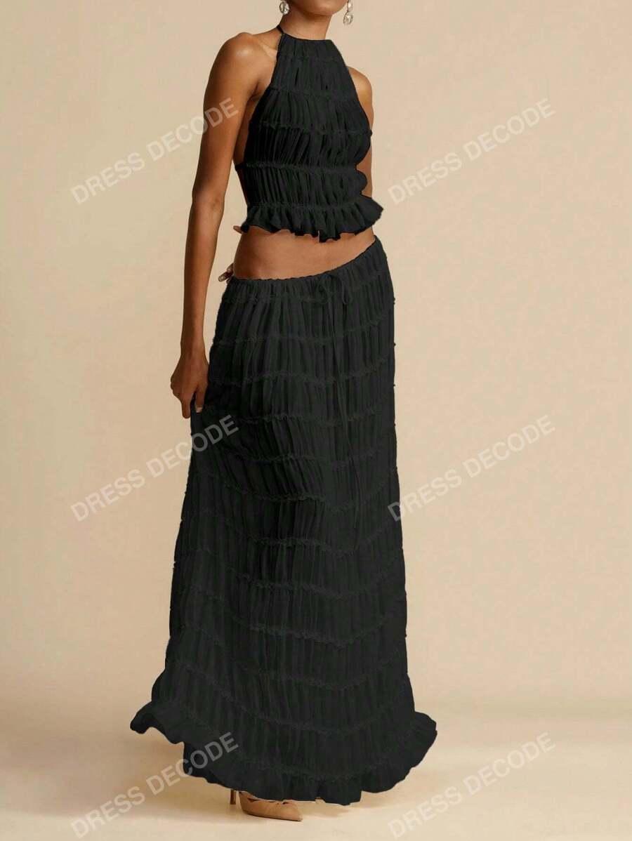 SHEIN CZARNY KOMPLET TOP ODKRYTE PLECY MAXI SPÓDNICA S06__S