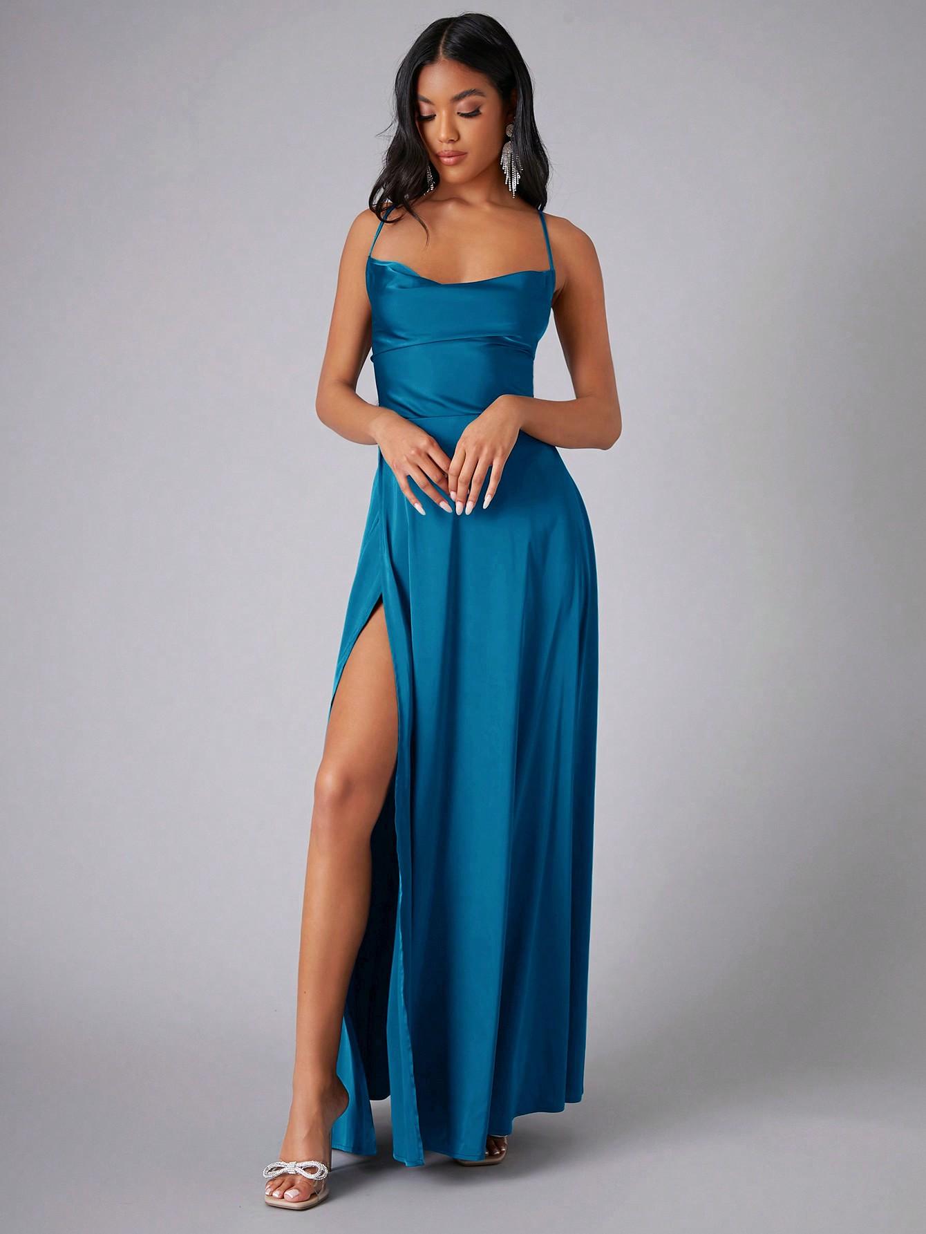 SHEIN SATYNOWA NIEBIESKA SUKIENKA ODKRYTE PLECY S06__S