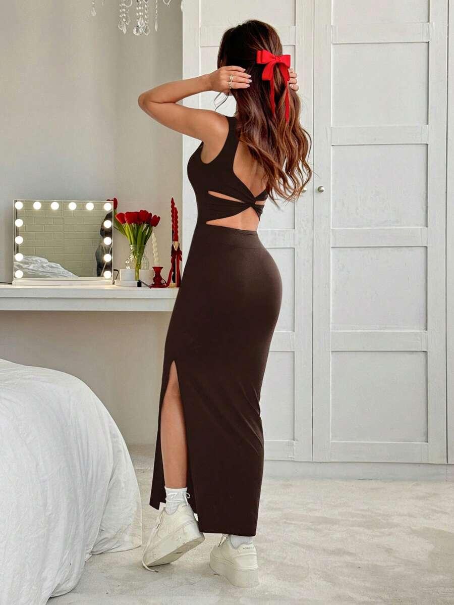 SHEIN BRĄZOWA MAXI SUKIENKA ODKRYTE PLECY S06__S