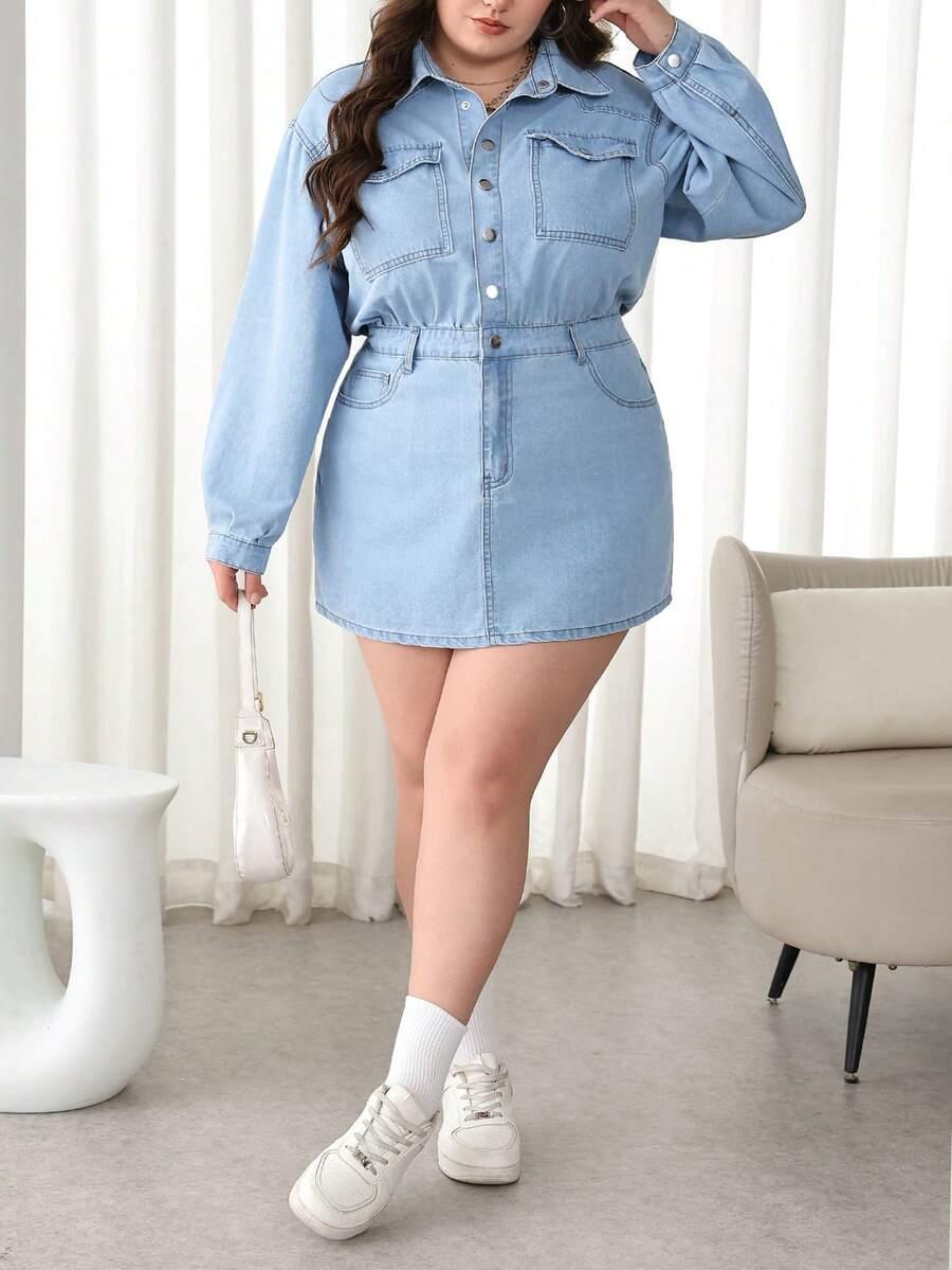 SHEIN MINI SUKIENKA JEANS DŁUGI RĘKAW GUZIKI S06__46