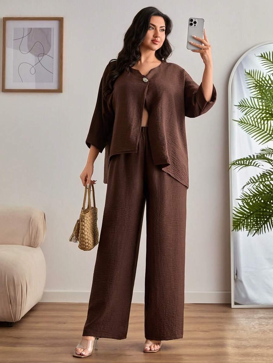 SHEIN BRĄZOWY KOMPLET BLUZKA SPODNIE S09__46