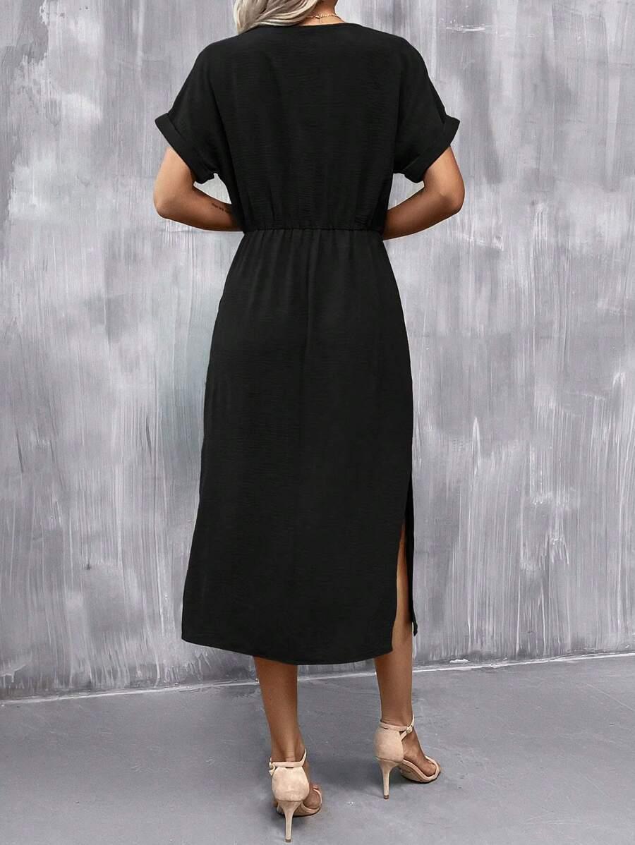 SHEIN CZARNA MIDI SUKIENKA KRÓTKI RĘKAW S06__S