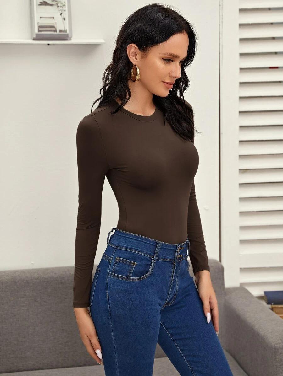 SHEIN BRĄZOWE BODY Z DŁUGIM RĘKAWEM S06__L