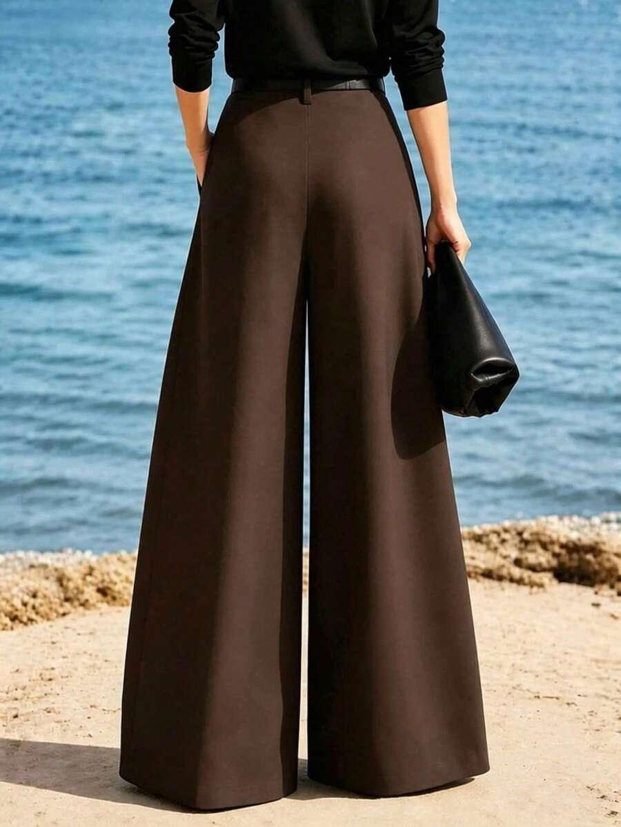 SHEIN BRĄZOWE SPODNIE SZEROKIE NOGAWKI S06__L
