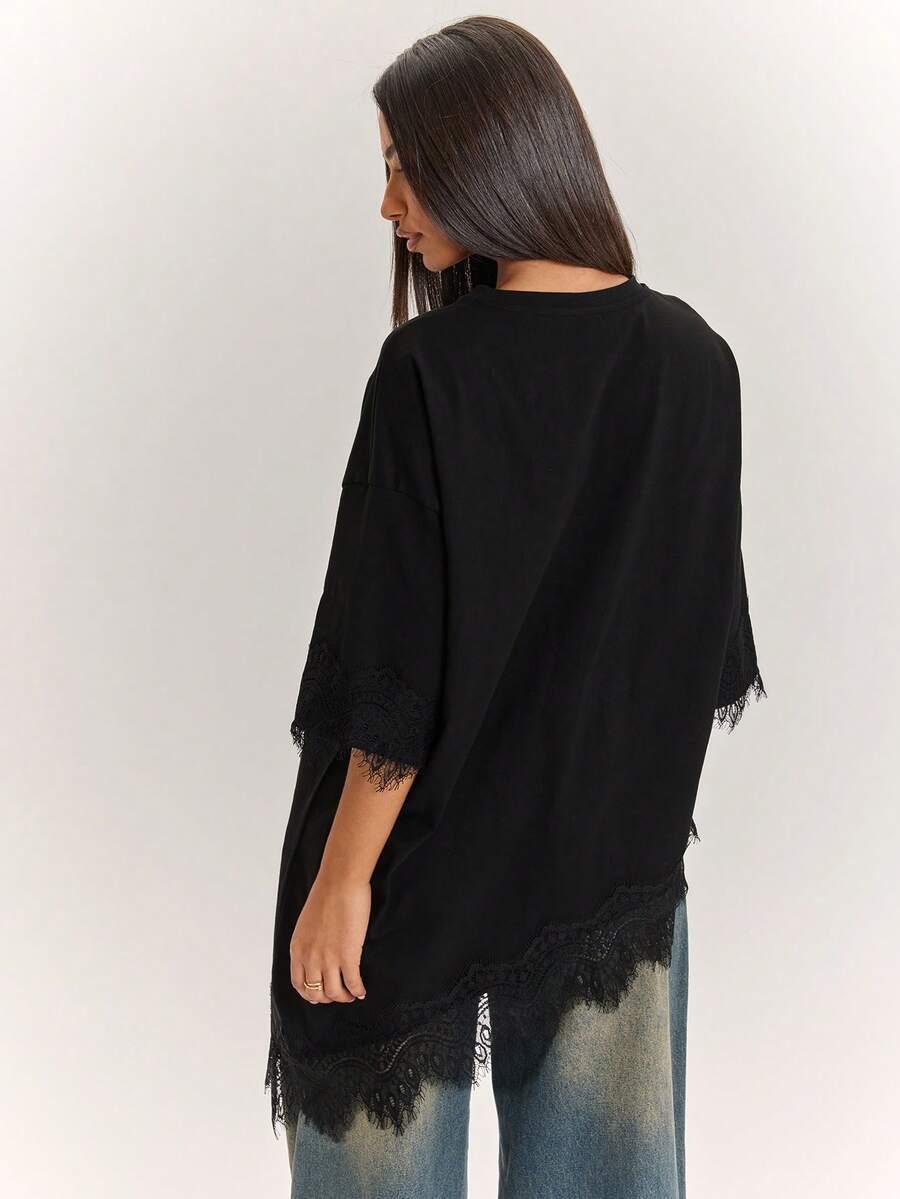 SHEIN CZARNY T-SHIRT KORONKA S06__M