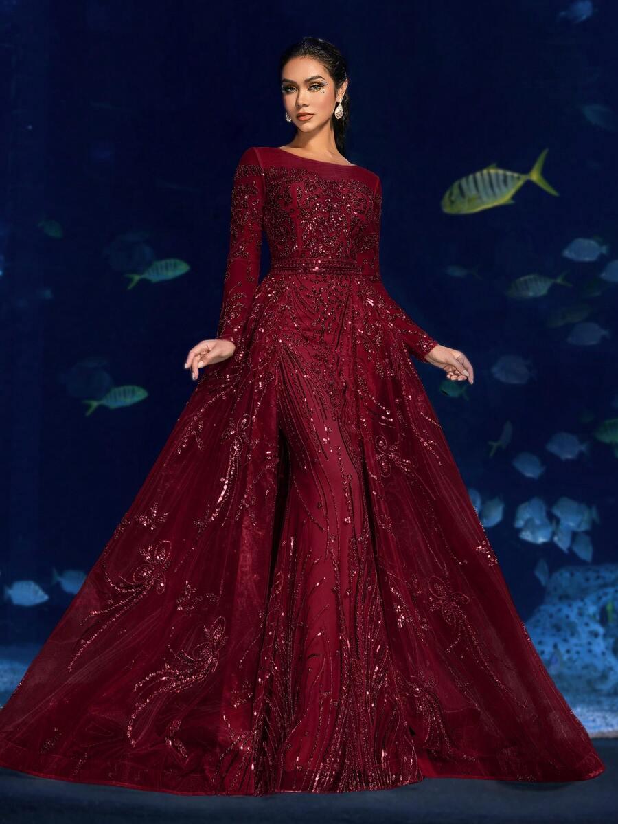 SHEIN BORDOWA MAXI SUKIENKA DŁUGI RĘKAW ZDOBIENIE CEKINY S06__M