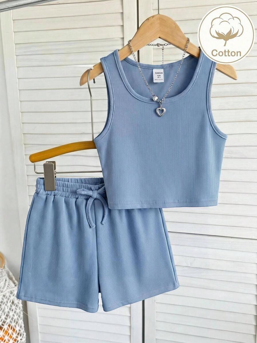 SHEIN NIEBIESKI KOMPLET TOP SPODENKI S06__134/140
