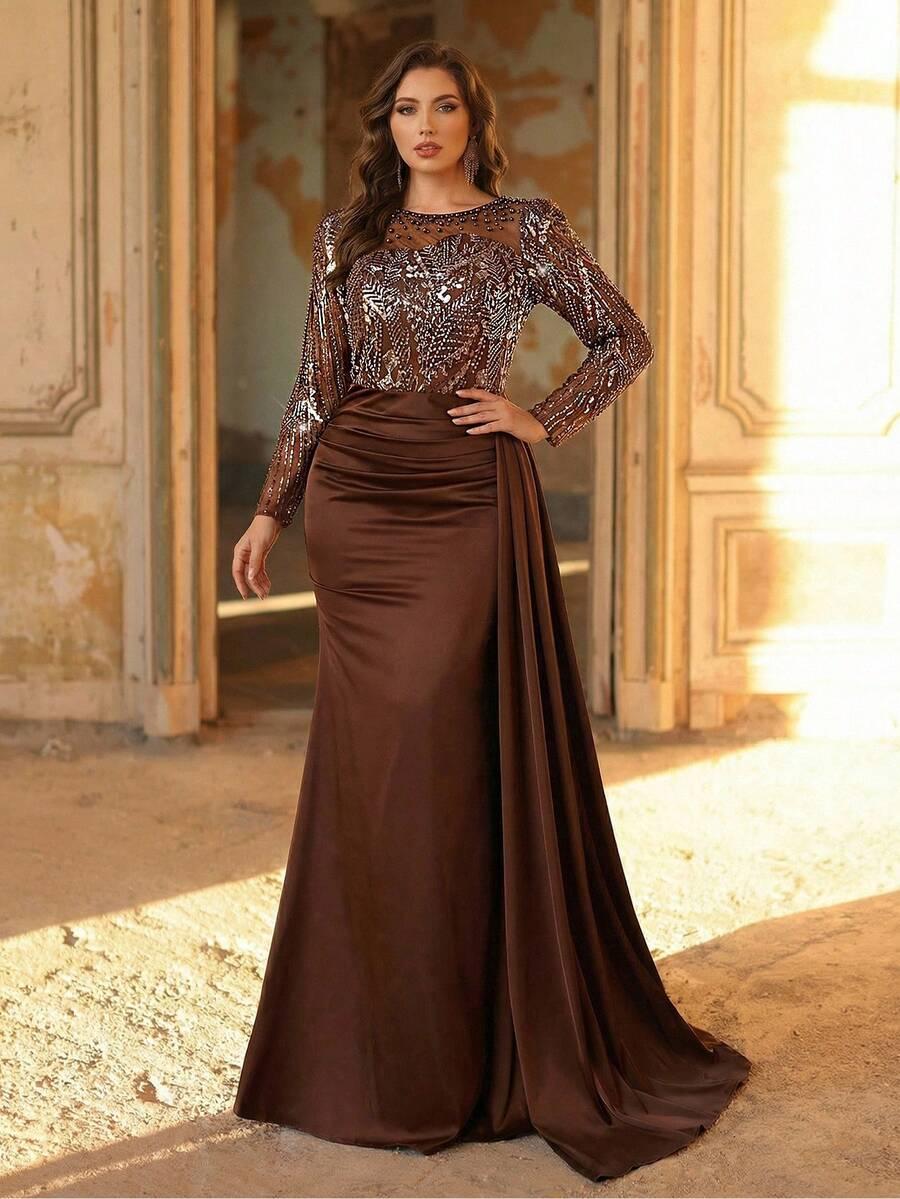 SHEIN BRĄZOWA MAXI SUKIENKA ZDOBIENIE S06__46