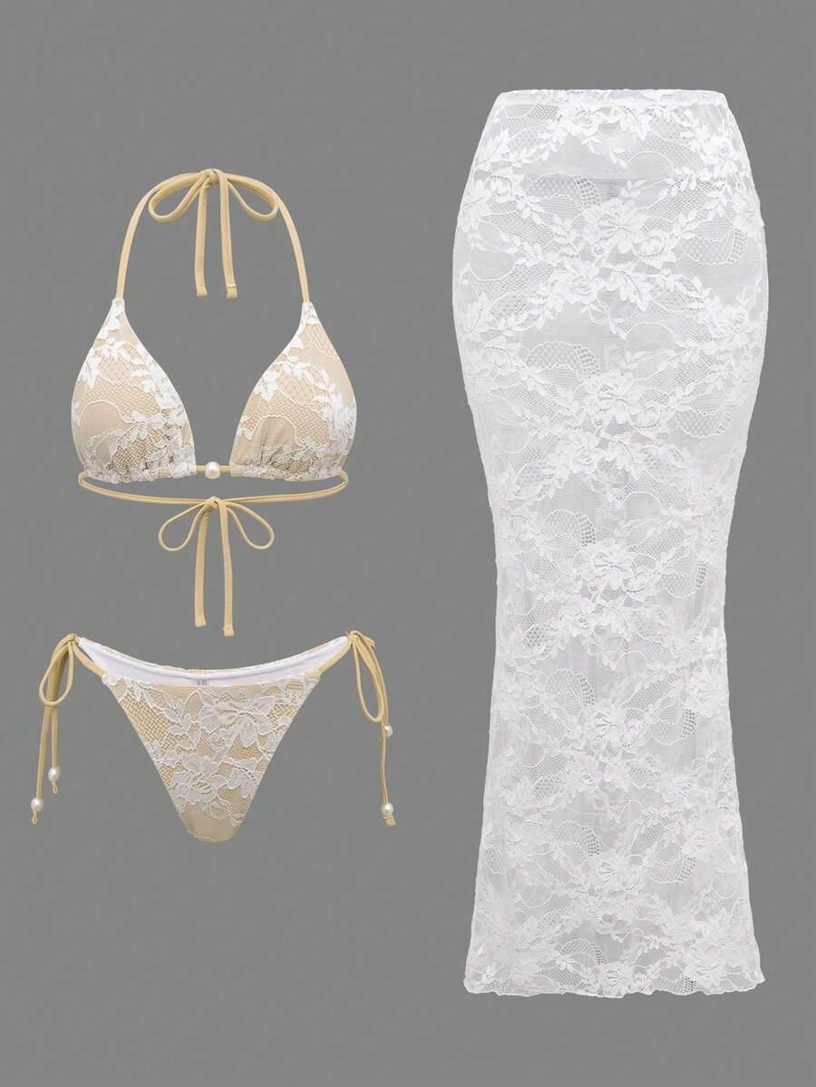 SHEIN KOMPLET DWUCZĘŚCIOWY STRÓJ KĄPIELOWY SARONG KORONKA S09__XS