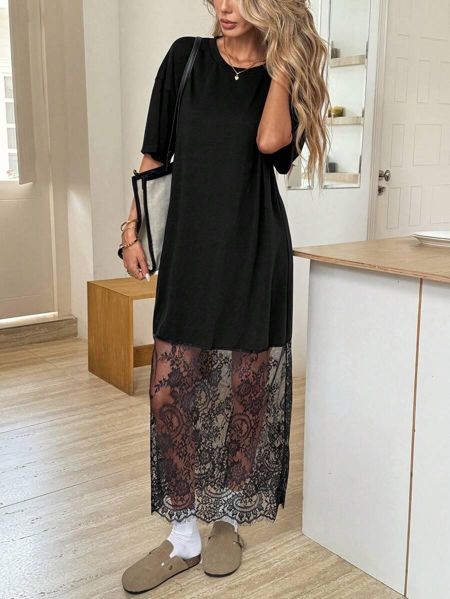 SHEIN CZARNA MAXI SUKIENKA KORONKA S06__S