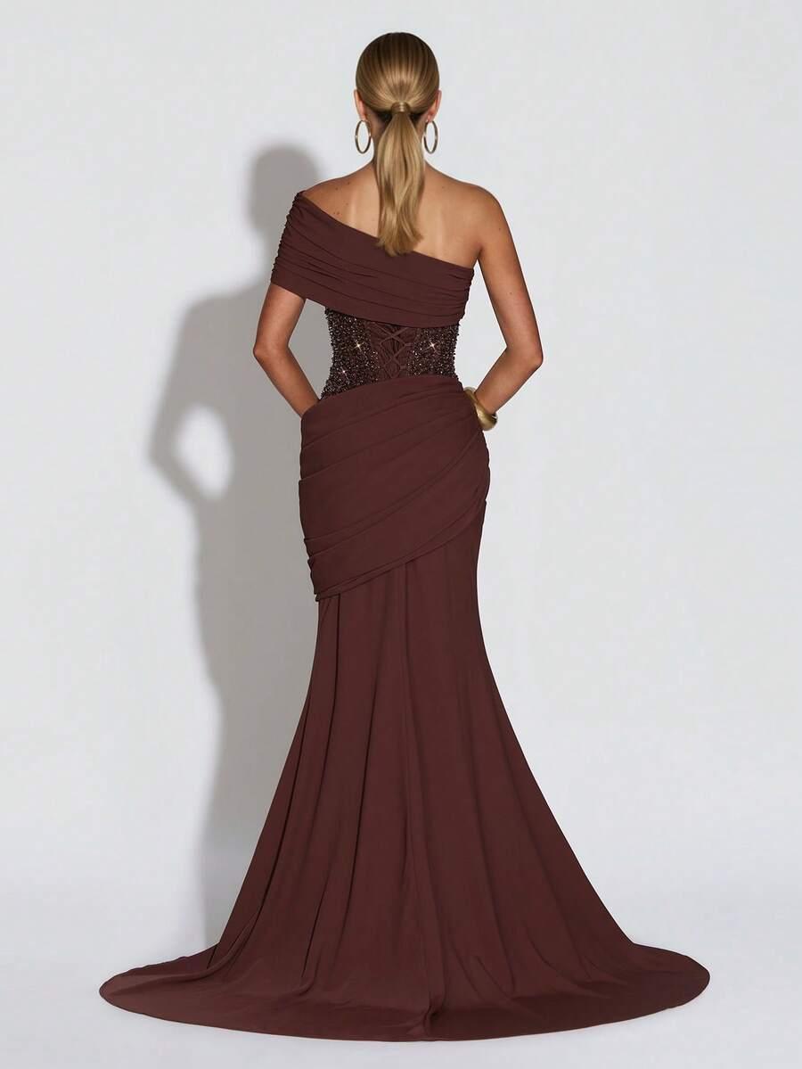 SHEIN BRĄZOWA MAXI SUKIENKA CEKINY S06__S
